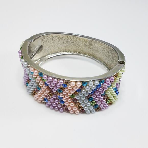 Faux Pearl Rhinestone Hinged Silver Tone Bracelet, 7 Inches - Picture 7 of 8